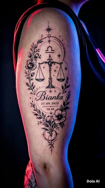 Zodiac sign - Libra — Delicate fine-line zodiac sign tattoo on a woman's shoulder.