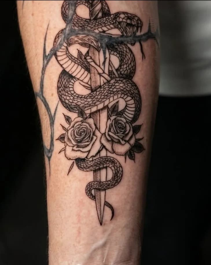 Wąż i sztylet — Dotwork, przedramię